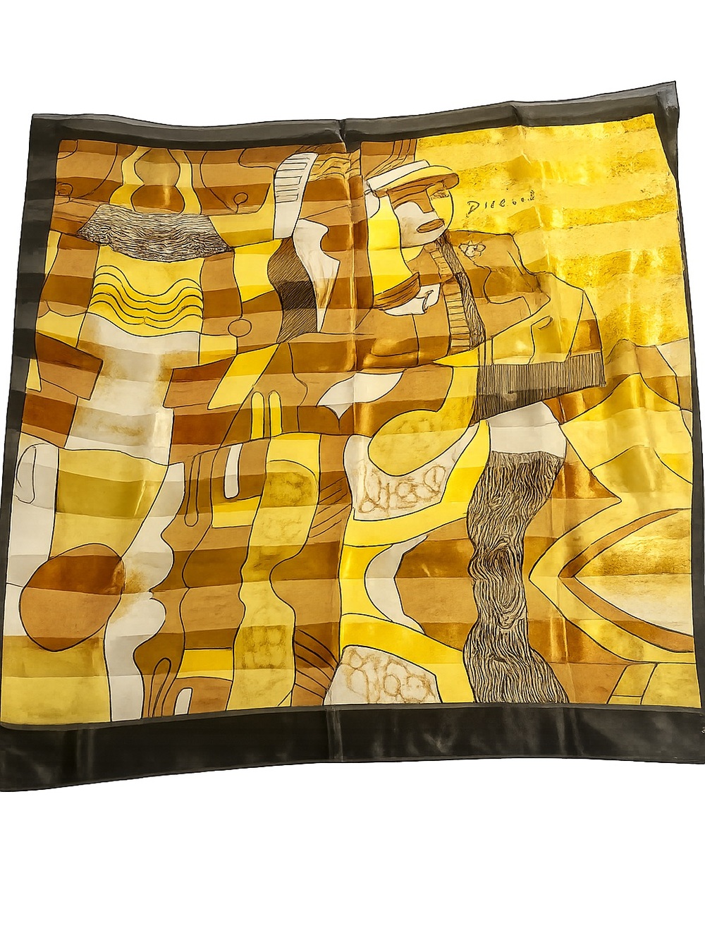 Picasso Scarf 39" Square Art Architecture Yellow Black Gold Vintage 90’s Earth